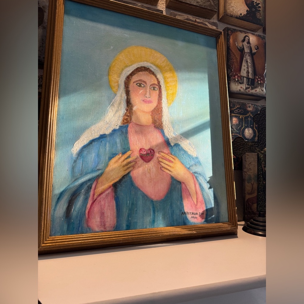 1990‎ “Sacred Heart Virgin Mary” Original Painting on Canvas – Inscribed Priest